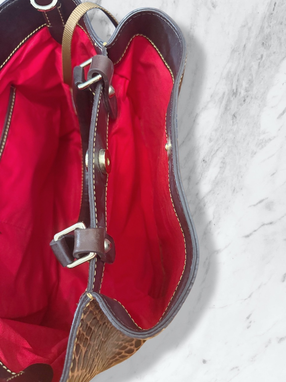 Dooney & Bourke Croc-Embossed Brown Leather Shopper with Red Interior - Picture 4 of 7